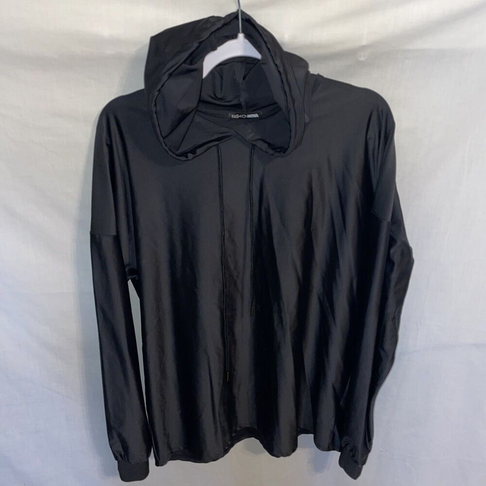 Fashion Nova Pullover Hoodie Men’s Size XL Black Nylon Blend Long Slv Drawstring